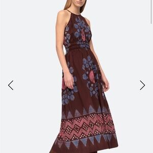Sea Brown Maxi Dress with Blue and Pink Floral Motif